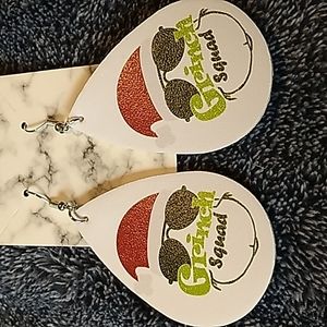 Faux Leather Grinch Christmas Earrings 1.5 x 2.5 Black, Red, Green & White